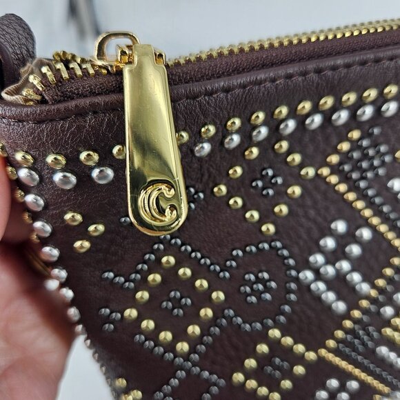 Studded Wristlet Clutch Purse Bag Brown Gold Silver Accents 2 Detach Straps 11x7 - Picture 7 of 13